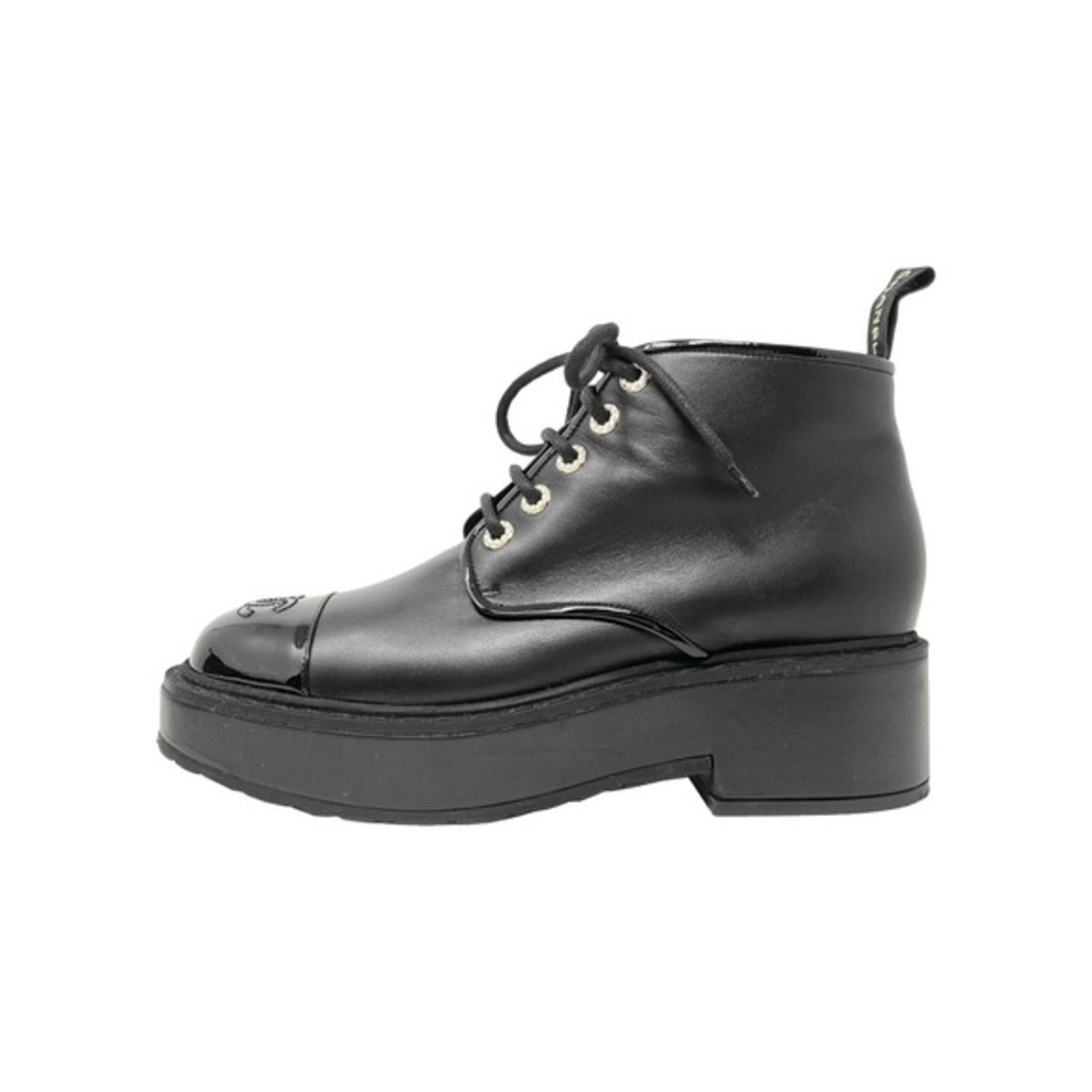 Chanel Black Leather Lace Up Platform Ankle Boots EU 41.5